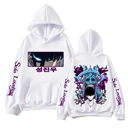 Bauxhie Unisex Solo Leveling Hoodie Sung Jin Woo Cosplay Pullover mit Kapuze Pullover Anime Jacke Mantel (Weiß, M) von Bauxhie