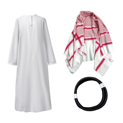 Bauzuoyo Araber Kostüm 3Pcs Scheich Kostüm Herren Arabisches Weißes Gewand mit Kopftuch Party Faschingskostüm Islamisch Royalty Dubai Suit Karneval Cosplay Loose Lange Bademäntel von Bauzuoyo