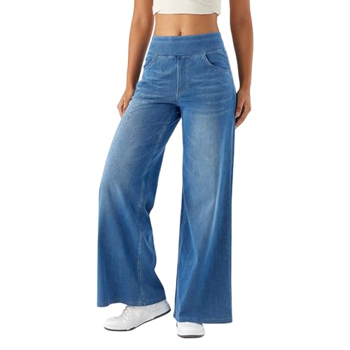 Bauzuoyo Baggy Jeans Damen Weites Bein High Waist Stretch Bequeme Jeans Y2k Vintage Wide Leg Jeanshose mit Gummibund Straight Leg Casual Schlaghose Bootcut Denim Activewear mit 4 Taschen von Bauzuoyo
