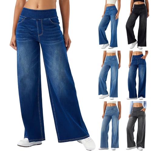Bauzuoyo Baggy Jeans Damen Weites Bein High Waist Stretch Bequeme Jeans Y2k Vintage Wide Leg Jeanshose mit Gummibund Straight Leg Casual Schlaghose Bootcut Denim Activewear mit 4 Taschen von Bauzuoyo
