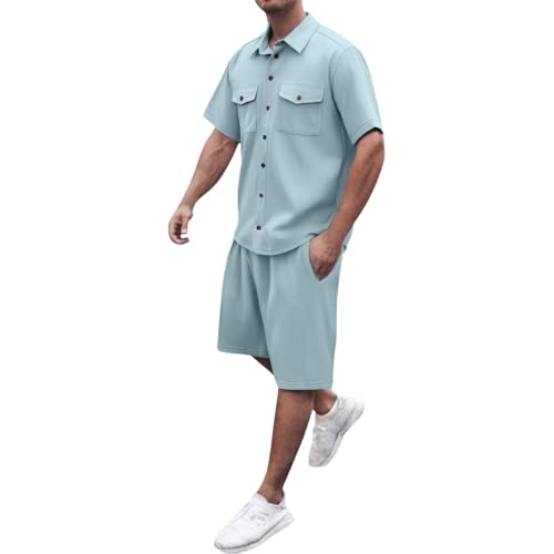 Bauzuoyo Cord Anzug Herren Retro Kurz Sommer Outfit 2-Teiler Casual Sportlich Jogginganzug Modische Kurzarm Hemd mit Brusttasche und Cargo Kurze Hose Tracksuit Einfarbig Streetwear von Bauzuoyo