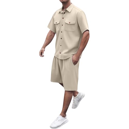 Bauzuoyo Cord Anzug Herren Retro Kurz Sommer Outfit 2-Teiler Casual Sportlich Jogginganzug Modische Kurzarm Hemd mit Brusttasche und Cargo Kurze Hose Tracksuit Einfarbig Streetwear von Bauzuoyo