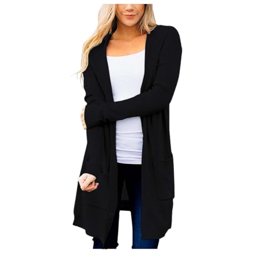 Bauzuoyo Damen Elegant Lässig Cardigan mit Tasche Damen Lang Open Front Hoodie Bequem Casual Cover Up Blusenjacke Dünne Vintage Sweatjacke Locker Leichte Strickjacke Einfarbig Shirtjacke von Bauzuoyo