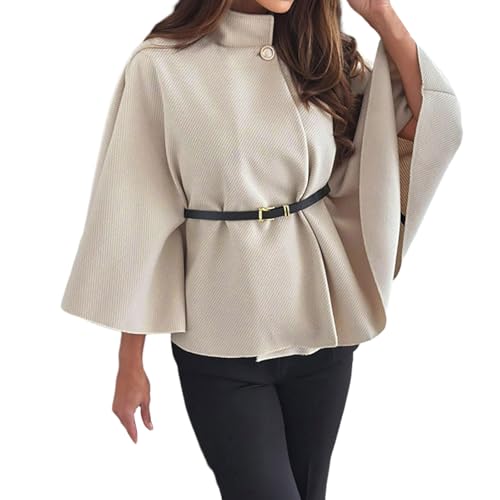 Bauzuoyo Damen Umhang Elegant Winter Poncho mit Fledermausärmeln und Gürtel Einfarbig Rollkragen Poncho mit Knopfleiste Kurz Wollmantel Locker Mode Freizeit Outdoor-Wärmeschal Tuniken von Bauzuoyo