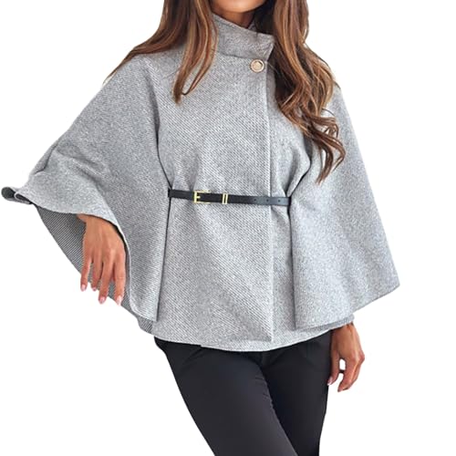 Bauzuoyo Damen Umhang Elegant Winter Poncho mit Fledermausärmeln und Gürtel Einfarbig Rollkragen Poncho mit Knopfleiste Kurz Wollmantel Locker Mode Freizeit Outdoor-Wärmeschal Tuniken von Bauzuoyo