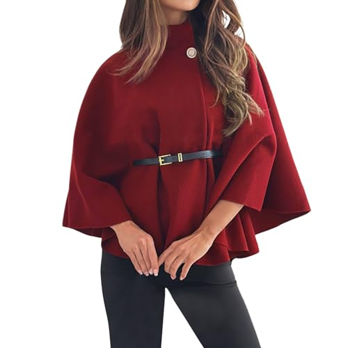 Bauzuoyo Damen Umhang Elegant Winter Poncho mit Fledermausärmeln und Gürtel Einfarbig Rollkragen Poncho mit Knopfleiste Kurz Wollmantel Locker Mode Freizeit Outdoor-Wärmeschal Tuniken von Bauzuoyo