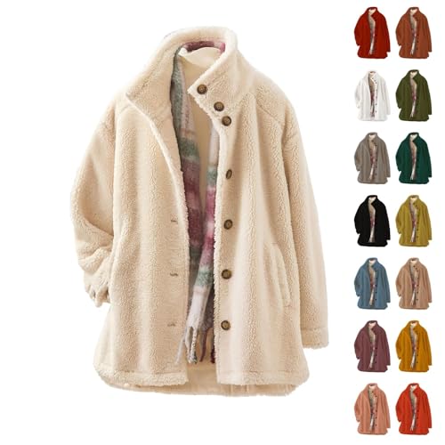 Bauzuoyo Fleecejacke Damen Ohne Kapuze Stehkragen Winterjacke Leichte Warme Kuscheljacke Damen Flauschig Oversize Teddyjacke mit Knopfleiste Übergangsjacke Herbst Wintermantel Plüschjacke von Bauzuoyo
