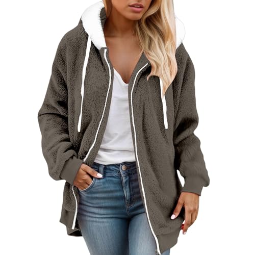 Bauzuoyo Fleecejacke Damen mit Kapuze Winterjacke Herbst Winter Warm Teddyjacke Thermojacke Kuscheljacke Damen Flauschig Plüschjacke Teddy Fleece Jacken Outdoor Einfarbige Bekleidung von Bauzuoyo