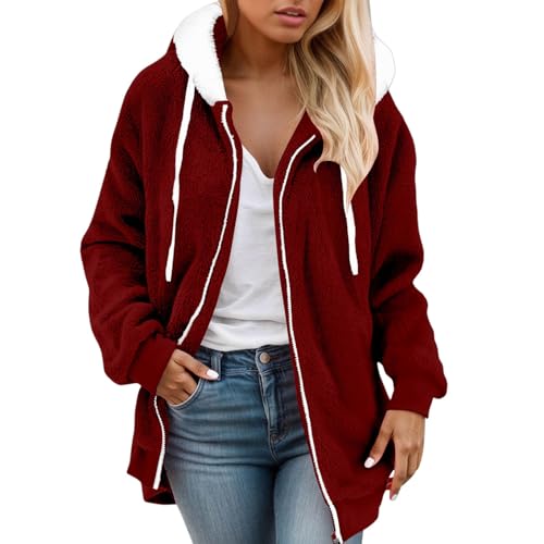 Bauzuoyo Fleecejacke Damen mit Kapuze Winterjacke Herbst Winter Warm Teddyjacke Thermojacke Kuscheljacke Damen Flauschig Plüschjacke Teddy Fleece Jacken Outdoor Einfarbige Bekleidung von Bauzuoyo