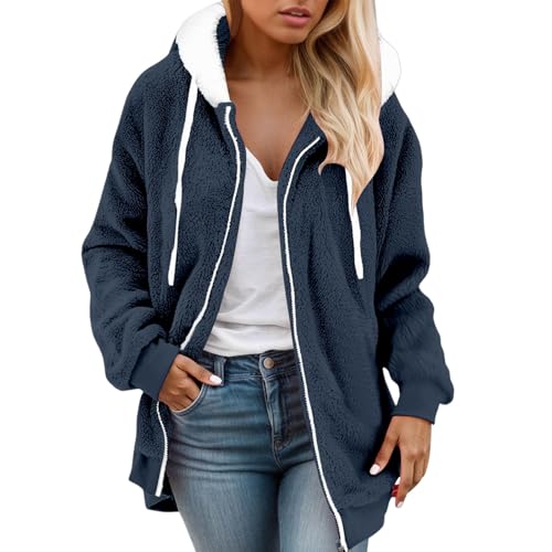 Bauzuoyo Fleecejacke Damen mit Kapuze Winterjacke Herbst Winter Warm Teddyjacke Thermojacke Kuscheljacke Damen Flauschig Plüschjacke Teddy Fleece Jacken Outdoor Einfarbige Bekleidung von Bauzuoyo