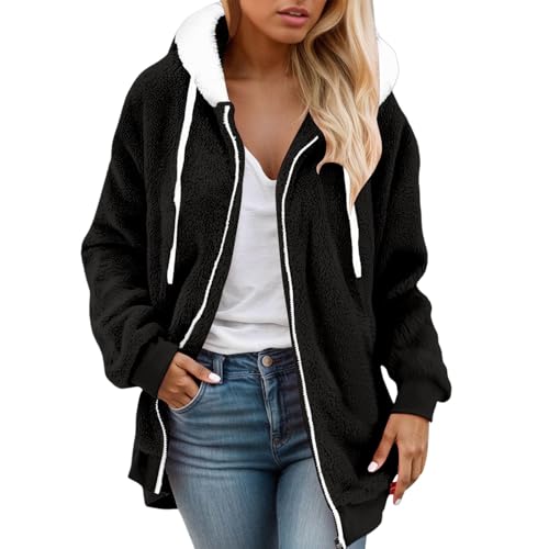 Bauzuoyo Fleecejacke Damen mit Kapuze Winterjacke Herbst Winter Warm Teddyjacke Thermojacke Kuscheljacke Damen Flauschig Plüschjacke Teddy Fleece Jacken Outdoor Einfarbige Bekleidung von Bauzuoyo