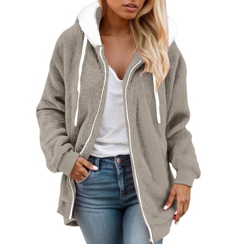 Bauzuoyo Fleecejacke Damen mit Kapuze Winterjacke Herbst Winter Warm Teddyjacke Thermojacke Kuscheljacke Damen Flauschig Plüschjacke Teddy Fleece Jacken Outdoor Einfarbige Bekleidung von Bauzuoyo