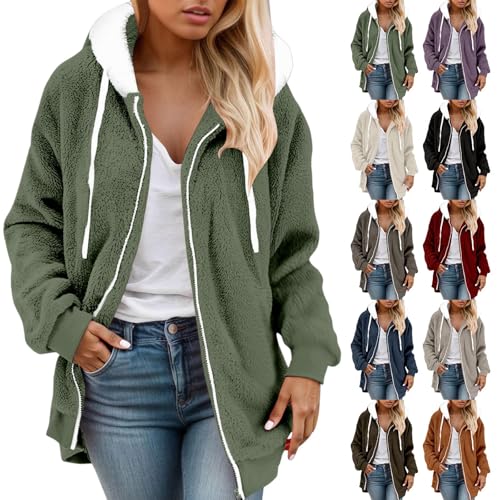 Bauzuoyo Fleecejacke Damen mit Kapuze Winterjacke Herbst Winter Warm Teddyjacke Thermojacke Kuscheljacke Damen Flauschig Plüschjacke Teddy Fleece Jacken Outdoor Einfarbige Bekleidung von Bauzuoyo