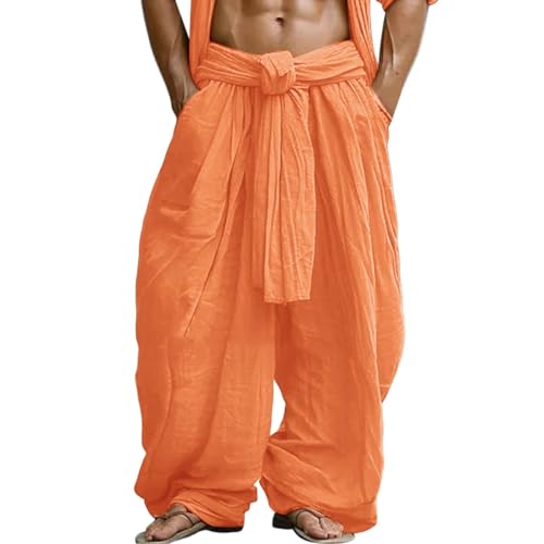 Bauzuoyo Herren Haremshose Lässig Einfarbig Wickelhose Elastisch High Waist Yogahose Weite Beine Leinenhose Herren Lang Leichte Sommerhose Bequeme Freizeithose Relaxed Fit Hippie Pants von Bauzuoyo
