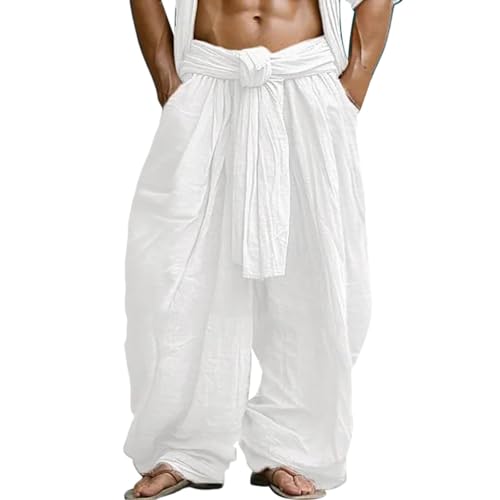 Bauzuoyo Herren Haremshose Lässig Einfarbig Wickelhose Elastisch High Waist Yogahose Weite Beine Leinenhose Herren Lang Leichte Sommerhose Bequeme Freizeithose Relaxed Fit Hippie Pants von Bauzuoyo