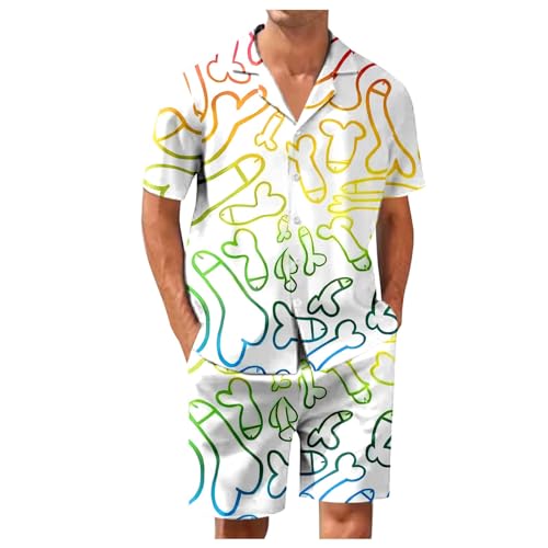 Bauzuoyo Herren Regenbogen Set mit Kragenknopf Umschlagen Kurzarmhemd Bekleidungsset Sommer Zweitliger mit Hawaii Hemd und Shorts Sommer Freizeit Set mit Bequeme Cardigan und shorts von Bauzuoyo