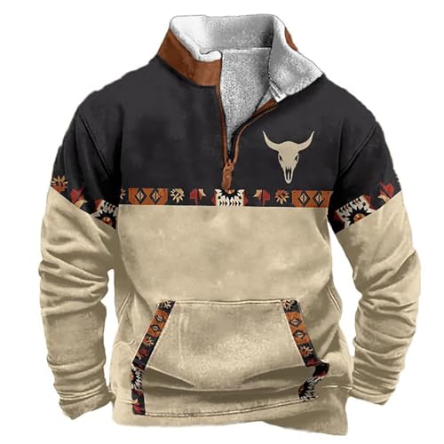 Bauzuoyo Herren Western Fleecejacke Cowboy Bull Head Print Pullover 1/4 Reißverschluss Stehkragen Langarm Country Sweatshirts Vintage Sweaters Winter Harajuku Drucken Pullover mit Taschen von Bauzuoyo