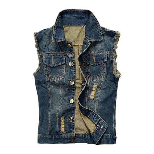 Bauzuoyo Jeansweste Herren Casual Ärmellose Jeansjacke Zerrissene Denim Weste Klassische Cowboy Vintage Denim Vest mit Taschen Sommer Outdoor Lässige Motorrad Weste für Männer Dünne Mantel von Bauzuoyo