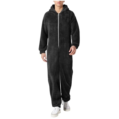 Bauzuoyo Jumpsuit Herren Winter Warm Plüsch Schlafoverall Mit Reißverschluss Kuschelig Doppelseitiger Samt Schlafanzug Männer Teddy Fleece Einteiler Onesie Einfarbig Onesie Schlafanzug mit Taschen von Bauzuoyo