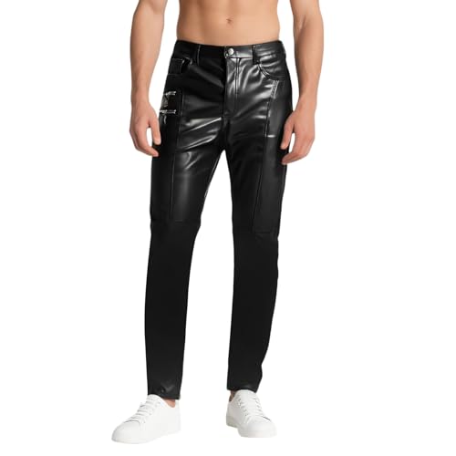 Bauzuoyo Lederhose Herren Wetlook Lack Leder Lang Motorrad Hosen Slim fit Stretch Kunstlederhose Anzughose mit Bügelfalte Metallic Leggings Tights Erotik Pants Mottoparty Nachtclub Clubwear von Bauzuoyo