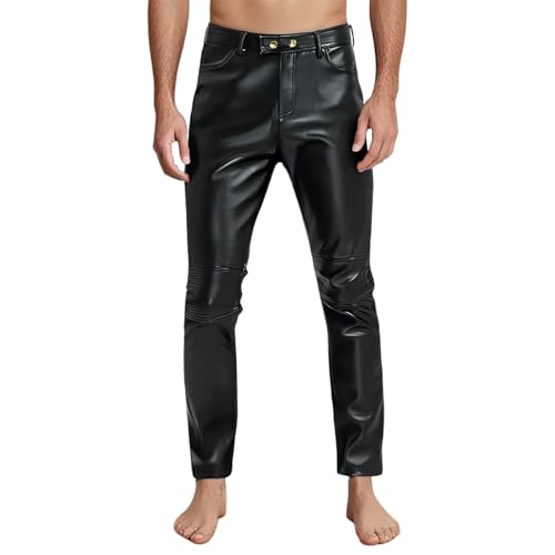 Bauzuoyo Lederhose Herren Wetlook Lack Leder Lang Motorrad Hosen Slim fit Stretch Kunstlederhose Anzughose mit Bügelfalte Metallic Leggings Tights Erotik Pants Mottoparty Nachtclub Clubwear von Bauzuoyo