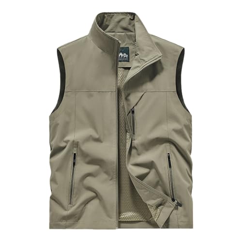 Bauzuoyo Oversized Weste Herren Outdoor Dünne Leichte Arbeitsweste mit Reißverschlusstaschen Stehkragen Cargo Weste Sommer Anglerweste Lässig Funktionsweste für Wandern Safari Fotografie von Bauzuoyo