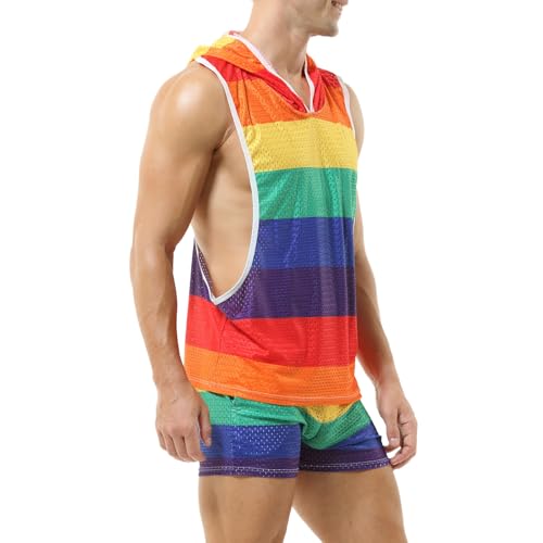 Bauzuoyo Pride Parade Outfit Herren Ärmellose Hoodie Tank Top Mesh Atmungsaktiv Regenbogen Streifen Shirt Gay Love Hoody Gay CSD Party Shirt LGBTQ Kleidung Pride Month Trägershirt Sportweste von Bauzuoyo