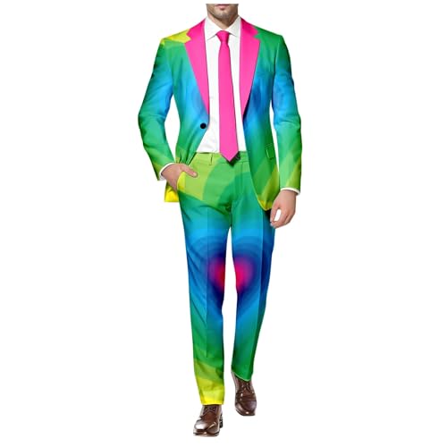 Bauzuoyo Regenbogen Kostüm Herren Anzug 2 Teilig Sportlich Sakko Hose Konfetti Anzug Herren 80er 90er Jahre Neon Party Outfit Bunte Karneval Mottoparty Kostüm Slim Fit Hippie Kleidung von Bauzuoyo