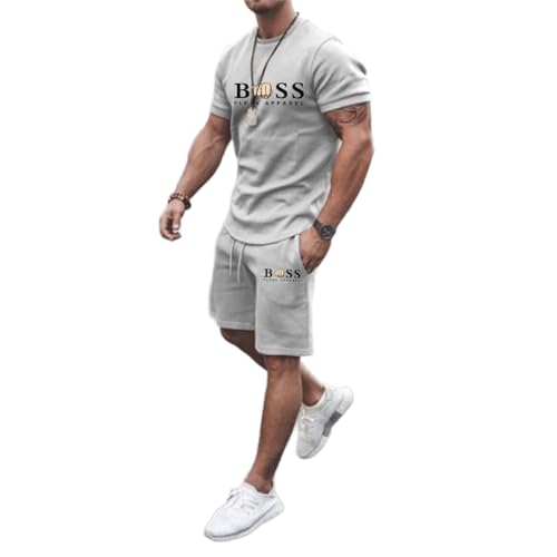 Bauzuoyo Sommer Outfit Herren 2 Teiler Jogginganzug mit Druck Lustig Hawaii Kleidung Y2k Streetwear Trainingsanzug Kurz Gym Fitness Anzug mit Taschen Strand Urlaub Outfit von Bauzuoyo