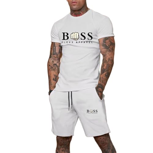 Bauzuoyo Sommer Outfit Herren 2 Teiler Jogginganzug mit Druck Lustig Hawaii Kleidung Y2k Streetwear Trainingsanzug Kurz Gym Fitness Anzug mit Taschen Strand Urlaub Outfit von Bauzuoyo