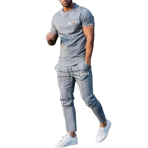 Bauzuoyo Sommer Outfit Herren 2 Teiler Lang Jogginganzug Kokosnussbaum Drucken Tracksuit Hip Hop Zweiteiler Y2k Sportbekleidung Kurzarm Rundhals T-Shirt und Jogginghose Set mit Taschen von Bauzuoyo
