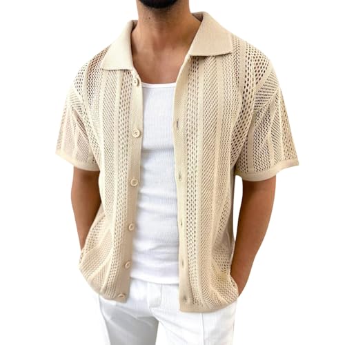 Bauzuoyo Strickjacke Herren Sommer Transparent Cardigan Kurzarm Loose Fit Pullover mit Knöpfen Leichte Sweatjacke Baggy Trachtenjacke Bequeme Übergangsjacke Männer Strickpullover Sweatjacke von Bauzuoyo