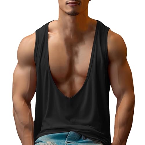 Bauzuoyo Tank Top Herren Sport Ärmelloser Tiefer V-Ausschnitt Basic T-Shirt Lockere Passform Sommer Muskelshirts Hippie Weste Einfarbig Leichte Atmungsaktiv Achselshirt Dünne Unterhemden von Bauzuoyo