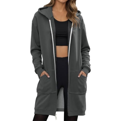 Bauzuoyo Übergangsjacke Damen Lange Kapuzenpullover mit Reißverschluss Oversize Kapuzenjacke Langarm Elegant Hoodie Warme Herbstjacke Winter Gefüttert Teddyjacke mit Taschen Streetwear von Bauzuoyo