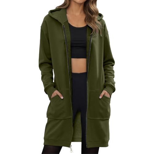Bauzuoyo Übergangsjacke Damen Lange Kapuzenpullover mit Reißverschluss Oversize Kapuzenjacke Langarm Elegant Hoodie Warme Herbstjacke Winter Gefüttert Teddyjacke mit Taschen Streetwear von Bauzuoyo