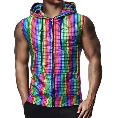 Bauzuoyo Weste Herren 70er Jahre Disco Glitzer Western Outfit Herren Hipster Metallic Pailletten Reißverschluss Ärmellos Kapuzenweste mit Taschen Bunte Glänzend Clubwear Regenbogen Hoodie von Bauzuoyo