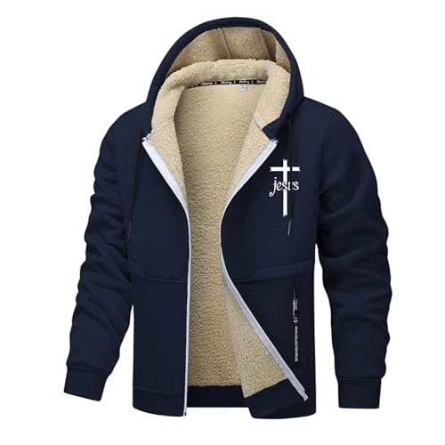 Bauzuoyo Winterjacke Herren Sherpa Fleece Hoodie mit Reißverschlusstaschen Jesus Wintermantel mit Verdickte Plüsch Winter Warme Gefütterte Fleecejacke Winddicht Outdoorjacke mit Kordelzug von Bauzuoyo