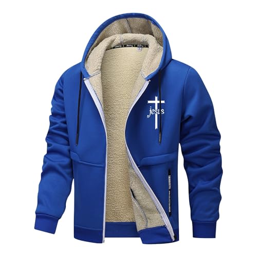 Bauzuoyo Winterjacke Herren Sherpa Fleece Hoodie mit Reißverschlusstaschen Jesus Wintermantel mit Verdickte Plüsch Winter Warme Gefütterte Fleecejacke Winddicht Outdoorjacke mit Kordelzug von Bauzuoyo