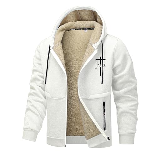Bauzuoyo Winterjacke Herren Sherpa Fleece Hoodie mit Reißverschlusstaschen Jesus Wintermantel mit Verdickte Plüsch Winter Warme Gefütterte Fleecejacke Winddicht Outdoorjacke mit Kordelzug von Bauzuoyo