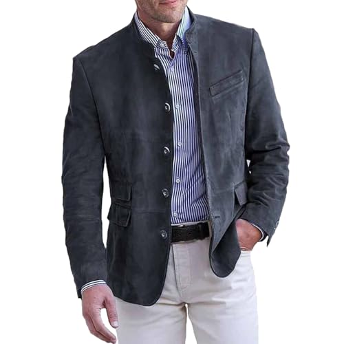 Blazer Herren Vintage Anzugjacke Stehkragen Wildleder Jacke Einfarbig Slim Fit Freizeit Blazer für Männer Regular Fit Oberteil Alltag Businessjacke mit Knopfleiste und Taschen von Bauzuoyo