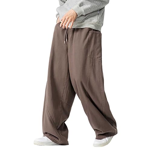 Cargohose Herren Oversized Breit Bein Sporthose mit Vielen Taschen Lang Baumwolle Jogginghose Warme Haremshose Einfarbig Freizeithose mit Kordelzug Herren Baggy Japanische Hose von Bauzuoyo