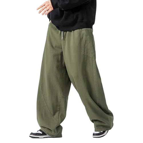 Cargohose Herren Oversized Breit Bein Sporthose mit Vielen Taschen Lang Baumwolle Jogginghose Warme Haremshose Einfarbig Freizeithose mit Kordelzug Herren Baggy Japanische Hose von Bauzuoyo