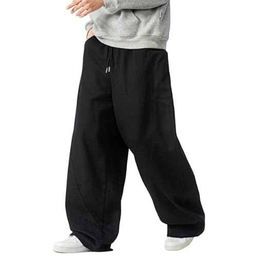 Cargohose Herren Oversized Breit Bein Sporthose mit Vielen Taschen Lang Baumwolle Jogginghose Warme Haremshose Einfarbig Freizeithose mit Kordelzug Herren Baggy Japanische Hose von Bauzuoyo