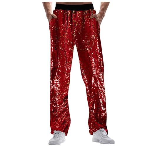 Glitzer Hose Herren Pailettenhose mit Weitem Bein 70er Party Fashion Disco Kostüm Silvester Outfit Herren Rave Outfit Loose Fit Loungewear Hose mit Taschen Elastische Taille Hosen von Bauzuoyo