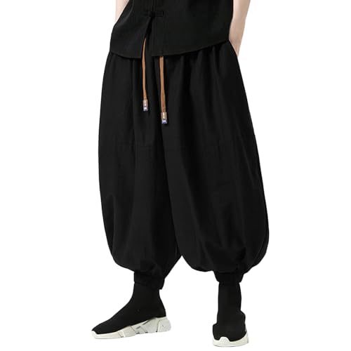 Haremshose Herren Leinen Baumwolle Pluderhose Japanischer Samurai-Stil Ninja Hose Schwarz Sommer Baggy Jogginghose Hip Hop Harajuku Streetwear Große Größen Strand Yoga Freizeithose von Bauzuoyo