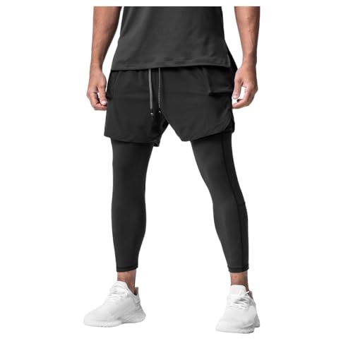 Herren 2 in 1 Kompressionshose Leggings mit Tasche Herren Kurze Hose Shorts Laufhose Trainingshose Fitnesshose Sporthose Schnelltrockend Fahrradhose Wanderhose Jogginghose Radlerhose von Bauzuoyo