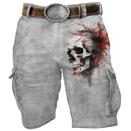 Herren Cargohose mit Totenköpfen Bedruckt Lustig 3D Druck Hose Lässige Sport Halloween Gothic Punk Vintage Totenkopf Arbeitshose Kurz Sommer Strand Badeshorts Weiche Freizeithose Kurz von Bauzuoyo