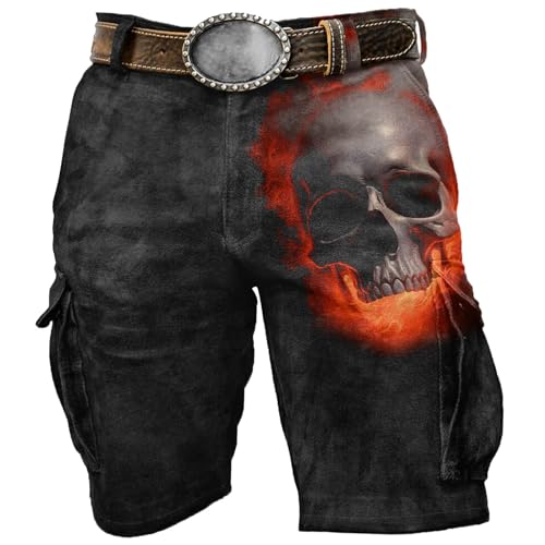 Herren Cargohose mit Totenköpfen Bedruckt Lustig 3D Druck Hose Lässige Sport Halloween Gothic Punk Vintage Totenkopf Arbeitshose Kurz Sommer Strand Badeshorts Weiche Freizeithose Kurz von Bauzuoyo