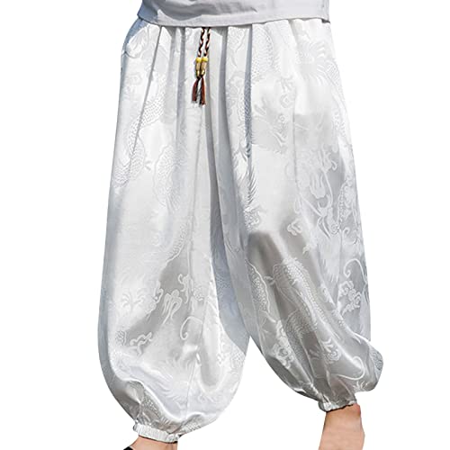 Herren Haremshose Satin Baggy Hosen Hippie Hose Traditionelle Chinesische Hosen mit Stickerei Wikinger Pirat Mittelalter Leichte Elastische Taille Baggy Freizeithose mit Lockere Passform von Bauzuoyo