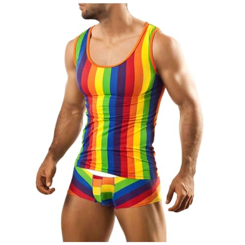 Herren Regenbogen Schlafanzug aus Baumwolle Farbe Gestreift Pyjama Zweiteiler Regenbogen Tanktop und Kurz Schlafhose Set 2024 Sommer Hausanzug Sportanzug Trainingsanzug Baggy Casual Set von Bauzuoyo